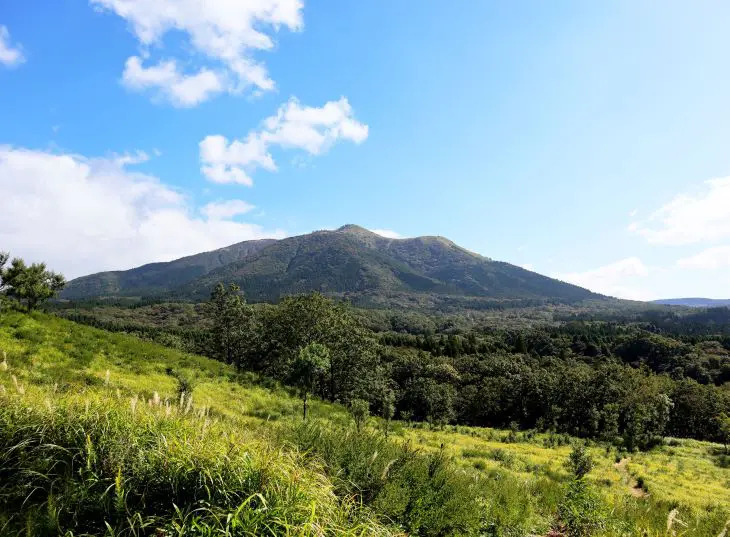 青空のもと一面に広がる青々とした阿蘇の山並みと広い草原