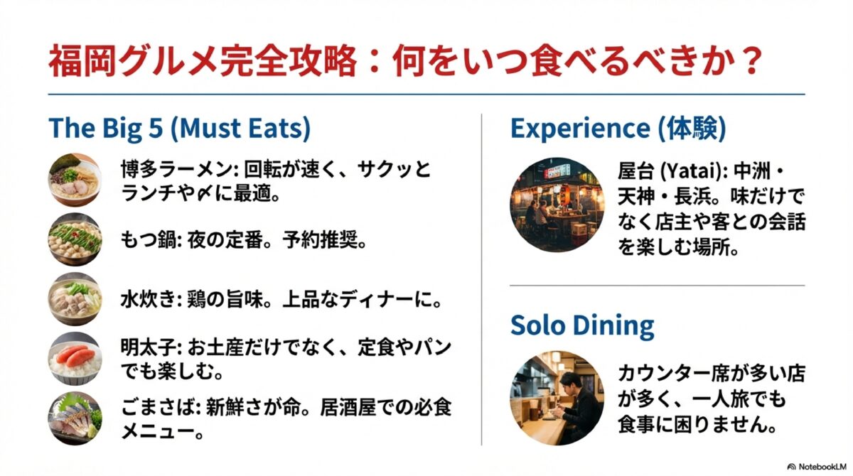 福岡グルメ完全攻略：何をいつ食べるべきか？