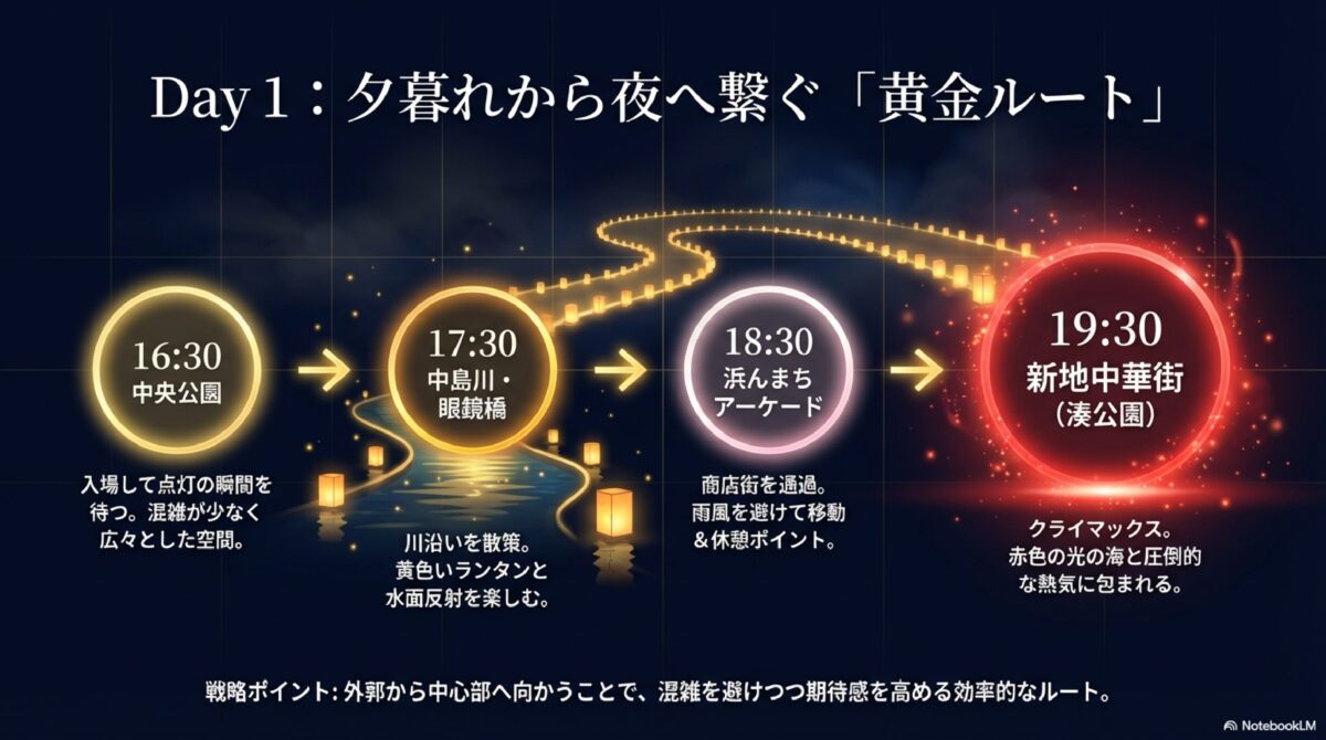Day1:夕暮れから夜へ繋ぐ黄金ルート」