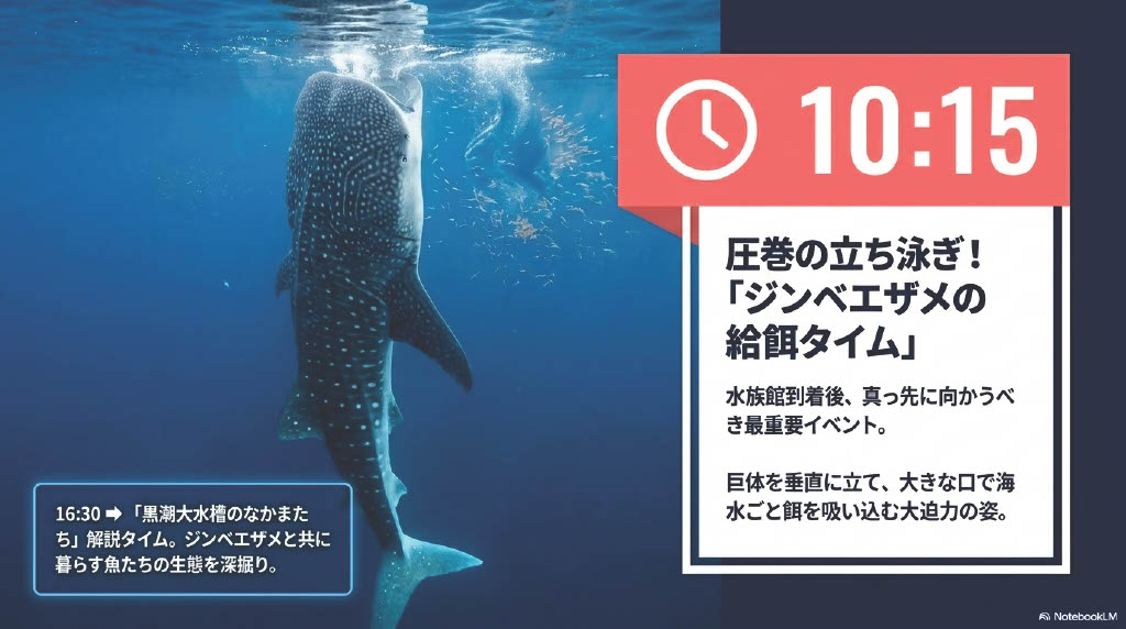圧巻の立ち泳ぎ！「ジンベエザメの給餌タイム」