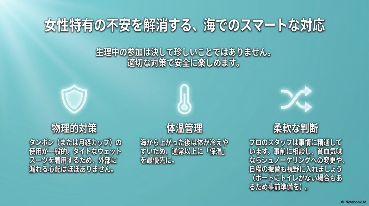 女性特有の不安を解消する、海でのスマートな対応