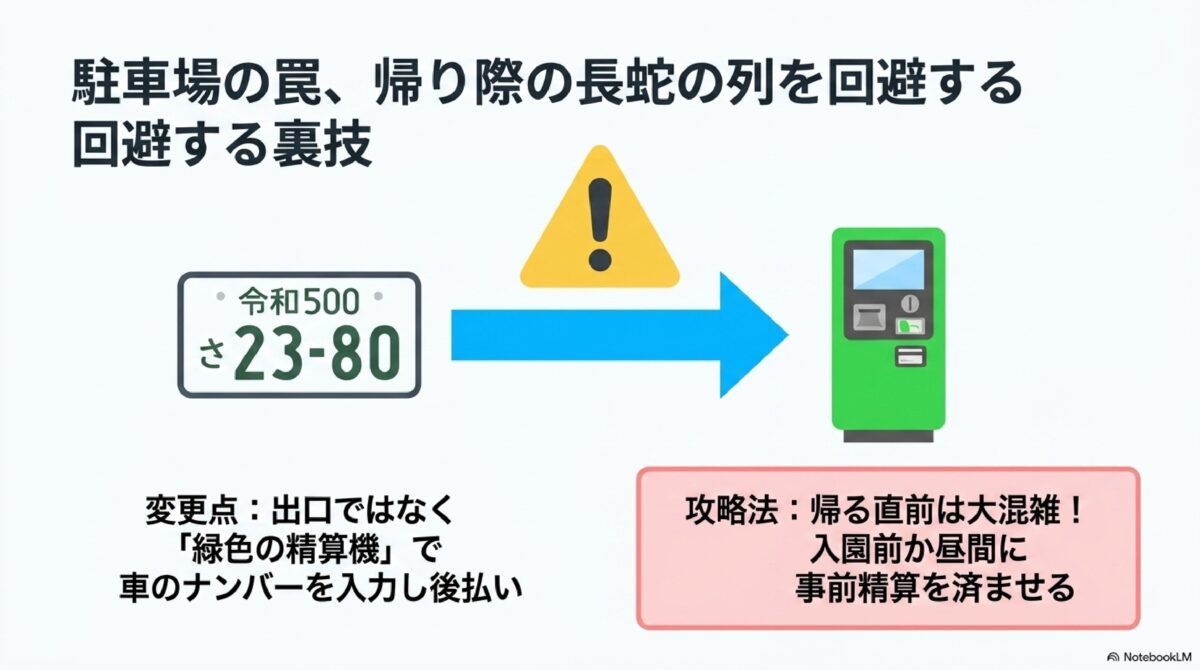 ハーモニーランド駐車場の混雑回避の裏技。出口ではなく緑色の精算機でナンバー入力する事前精算の方法を解説。