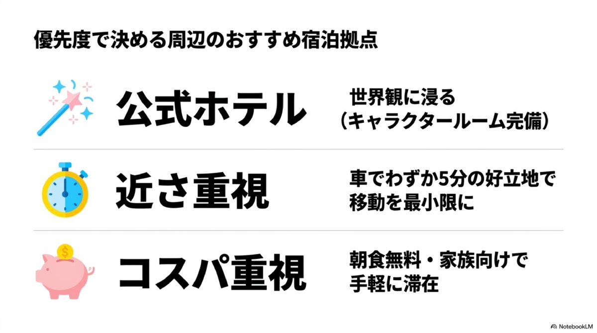 ハーモニーランド周辺のおすすめ宿泊施設ガイド。公式ホテル、近接ホテル、コスパ重視ホテルの3つの選び方を紹介。