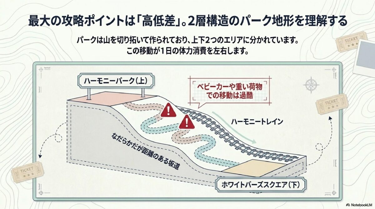 最大の攻略ポイントは「高低差」。2層構造のパーク地形を理解する。
