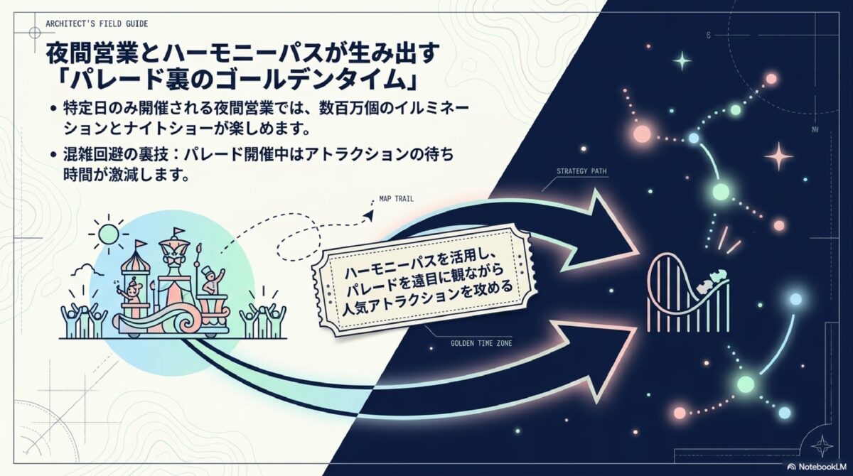 夜間営業とハーモニーパスが生み出す「パレード裏のゴールデンタイム」