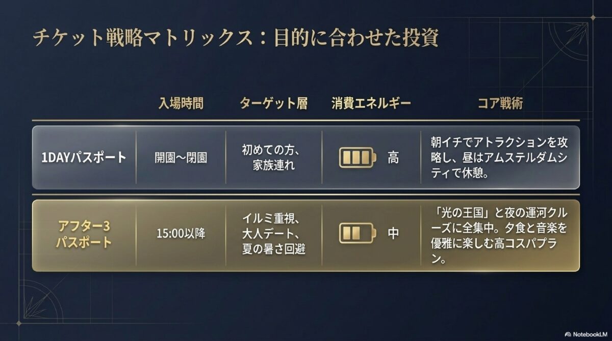 チケット戦略マトリックス：目的に合わせた投資