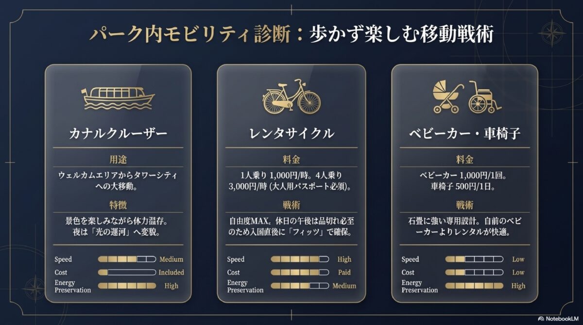 パーク内モビリティ診断：歩かず楽しむ移動戦術