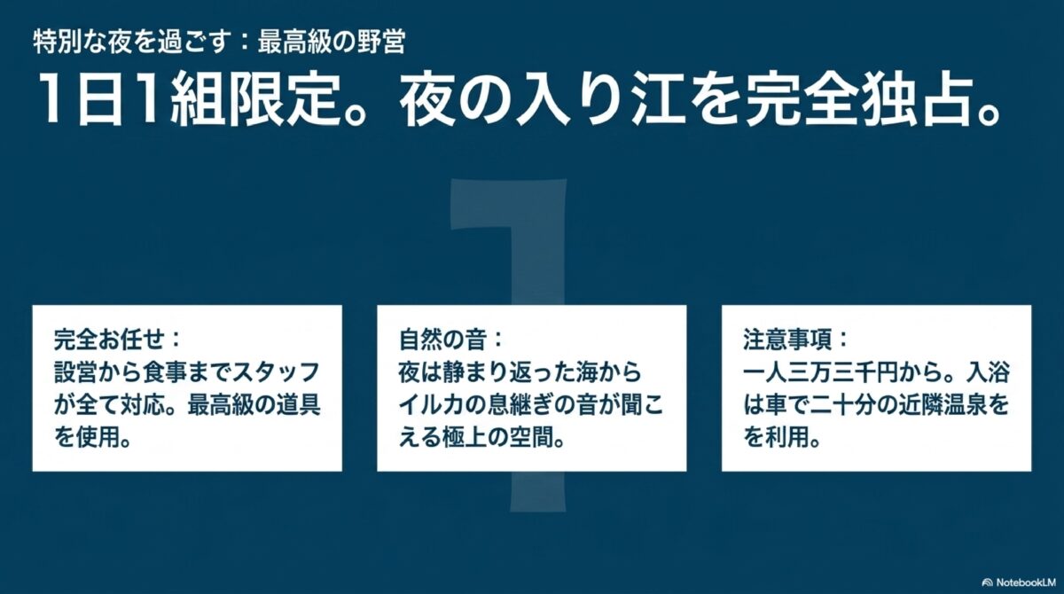 特別な夜を過ごす最高級の野営:1日1組限定。夜の入江を完全独占。