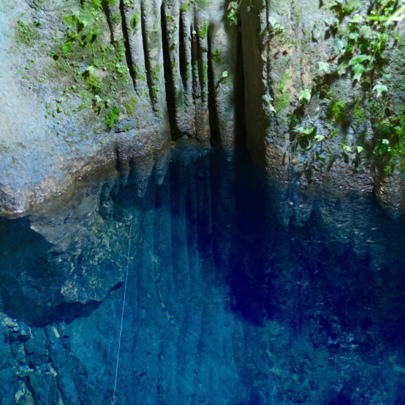 圧倒的な透明度を誇る深い青色の水中と、水面に接する苔むした岩肌・鍾乳石の接写。
