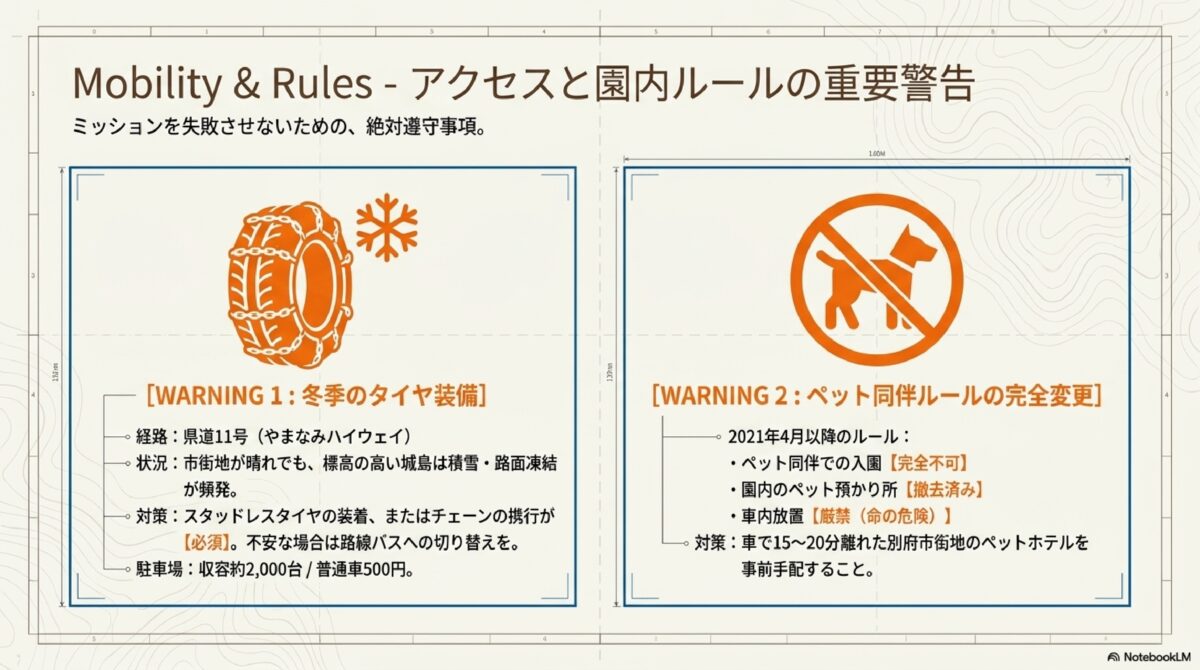アクセスと園内ルールの重要警告