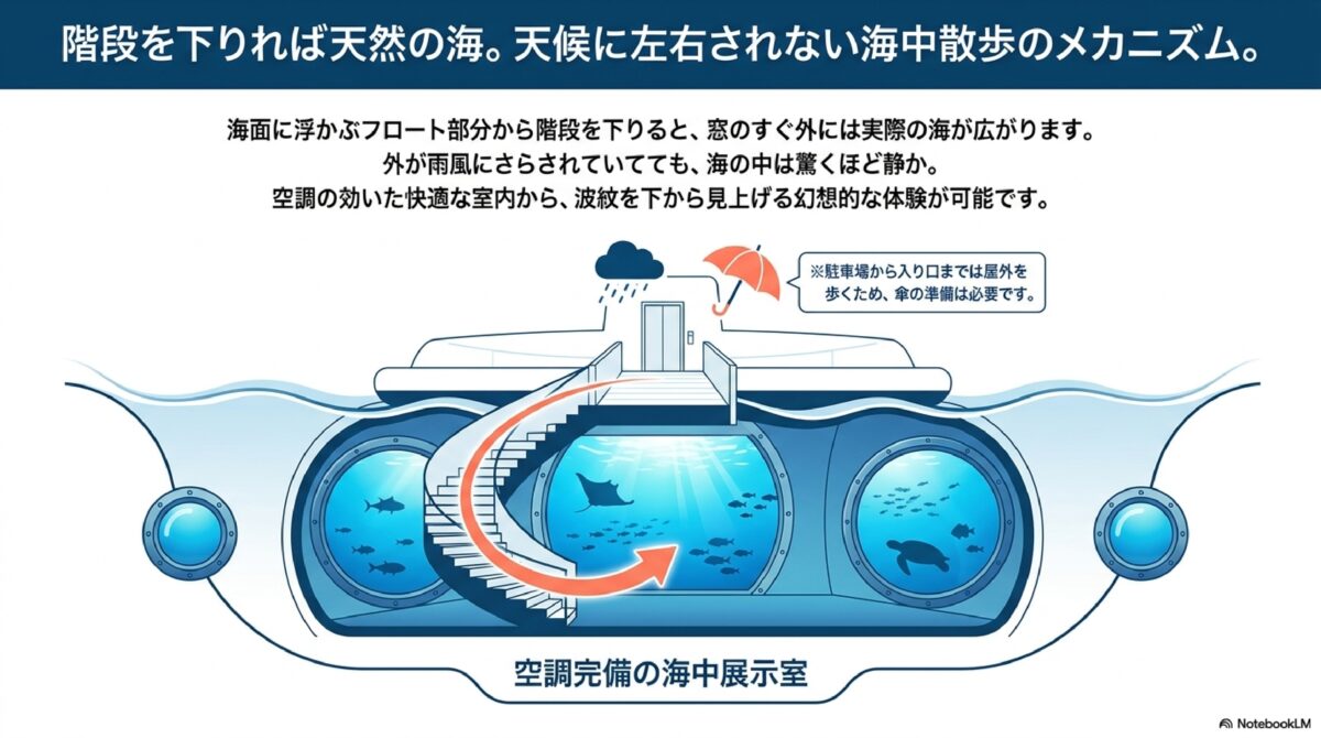階段を下りれば天然の海。天候に左右されない空中散歩のメカニズム