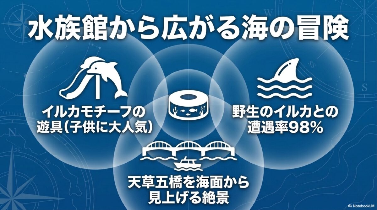 海中水族館シードーナツ周辺の魅力。イルカの遊具・野生のイルカウォッチング・天草五橋の絶景