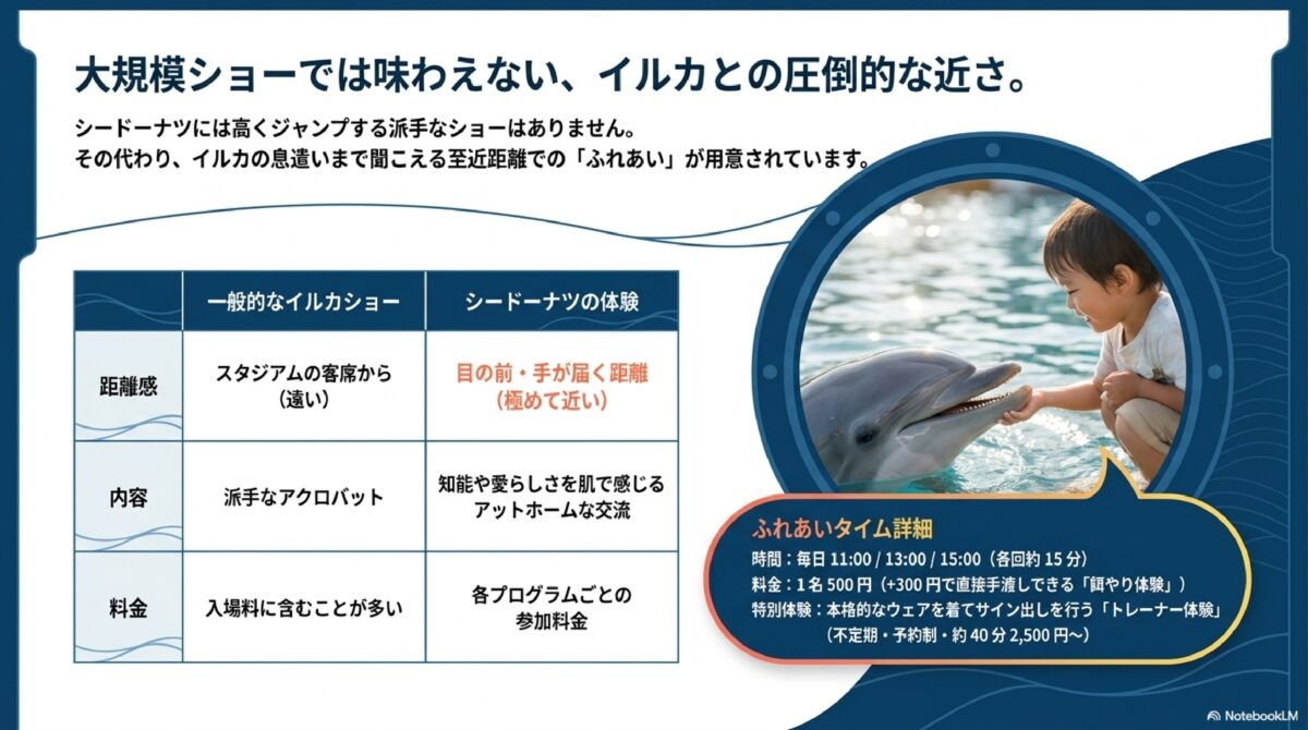 大規模ショーでは味わえない、イルカとの圧倒的な近さ