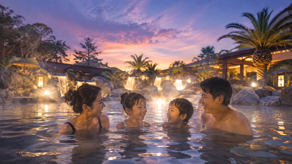 杉乃井ホテルの温泉プールで夕景を楽しむ家族