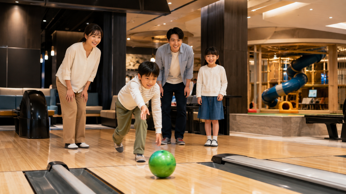 杉乃井ホテルのボウリングで遊ぶ家族連れ