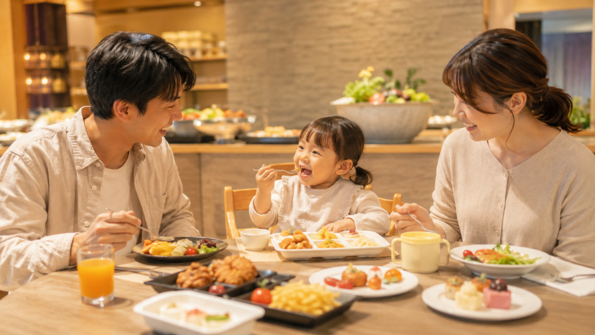 杉乃井ホテルで子連れ家族が食事を楽しむ様子