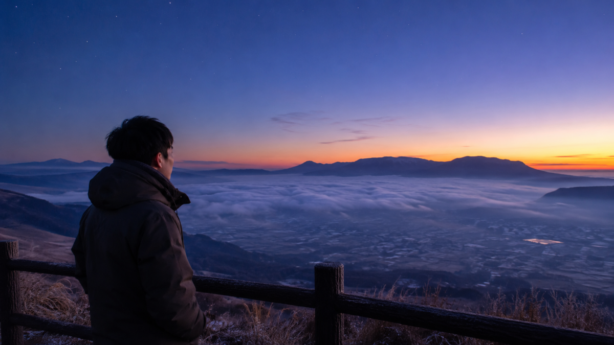 大観峰の夜明けと雲海を眺める様子のイメージ