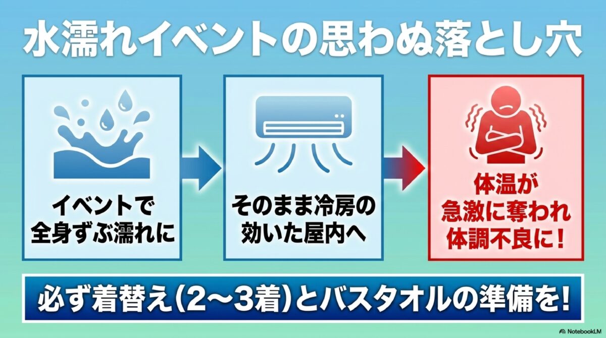 ハーモニーランドで水濡れイベントで発生する落とし穴の図解
