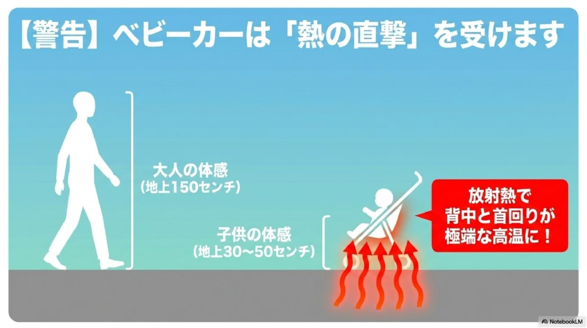 ベビーがーを直撃する放射熱の図解