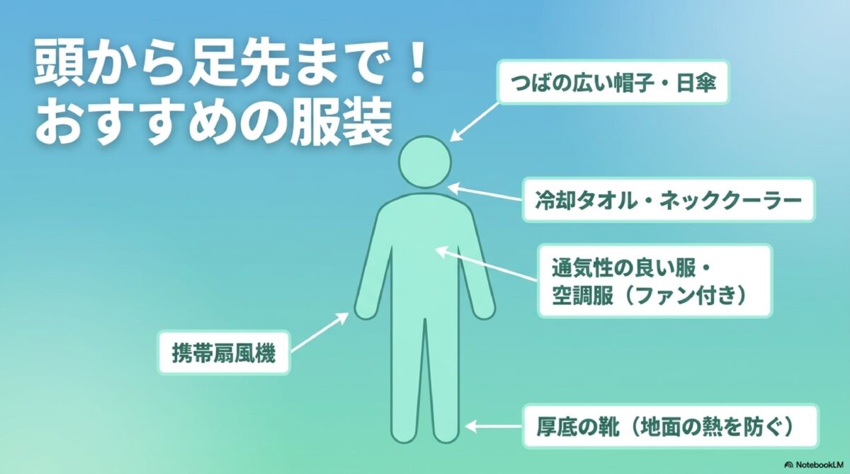 防止やネッククーラーなど熱中症対策におすすめの服装の図