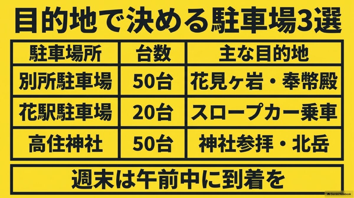 英彦山の主要駐車場と台数・目的地の比較表
