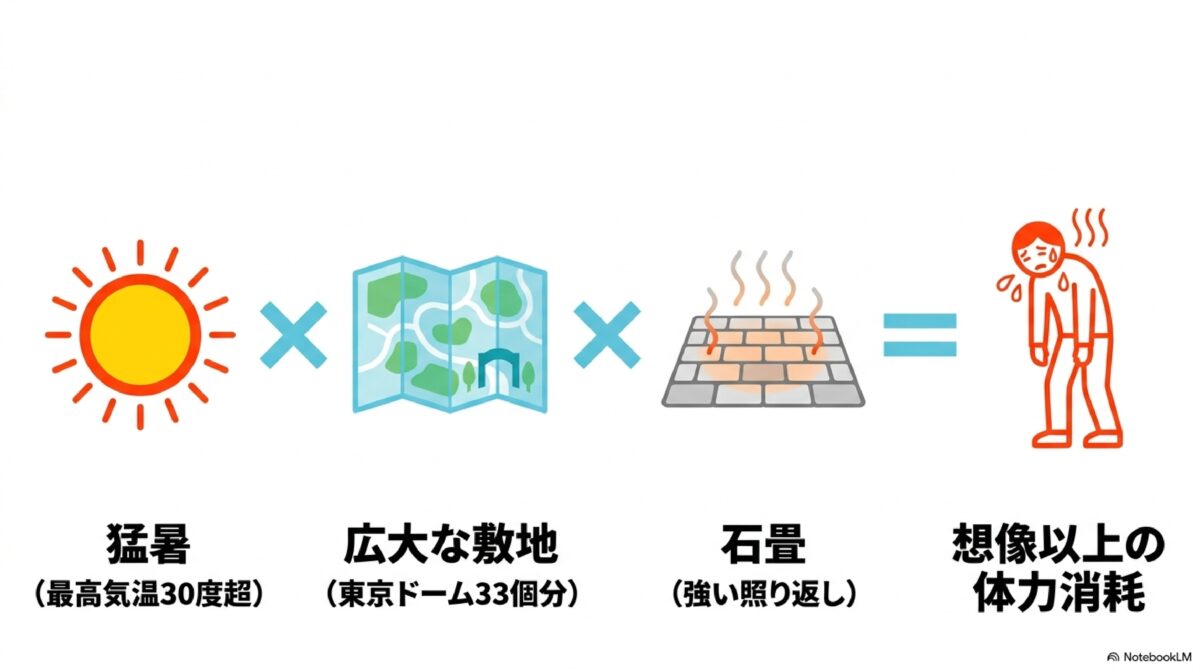 猛暑×広大な敷地×石畳=想像以上の体力消耗
