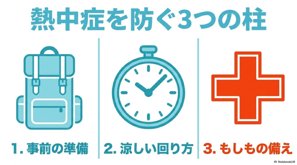 熱中症を防ぐ3つの柱1.事前の準備2.涼しい回り方3.もしもの備え