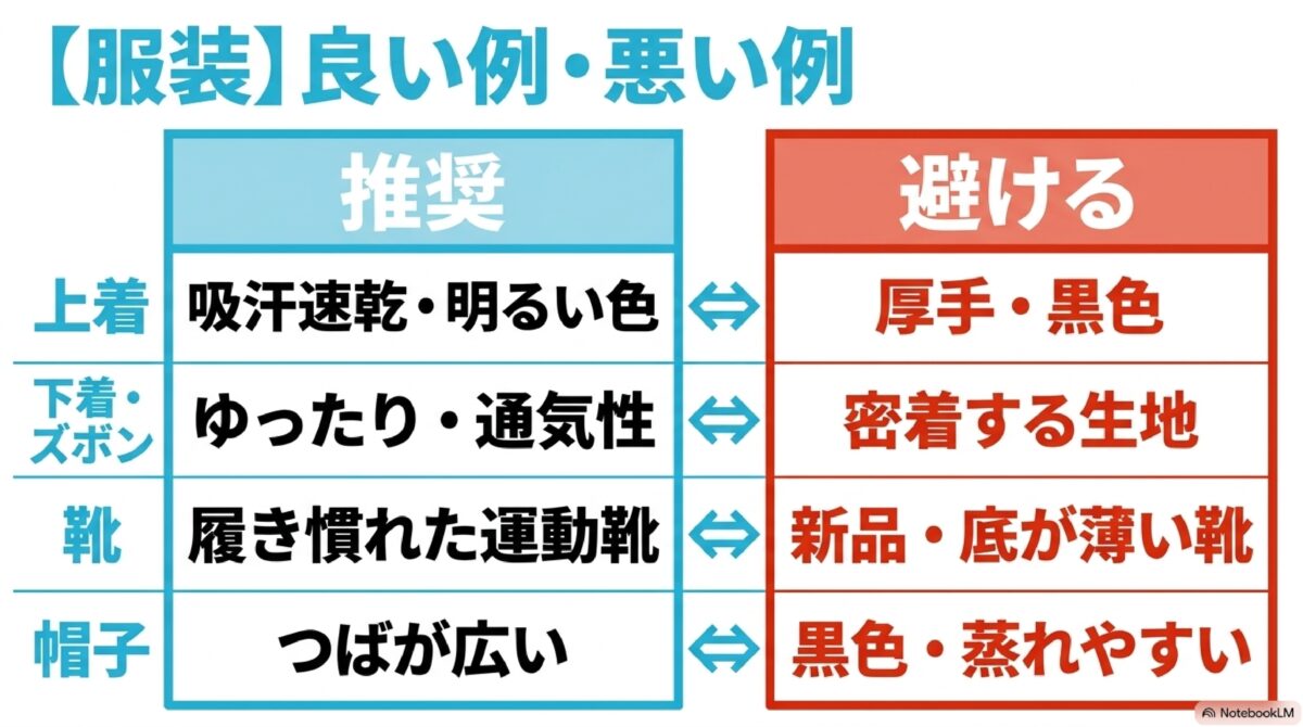 夏のハウステンボスでの服装の良い例と悪い例をまとめた図