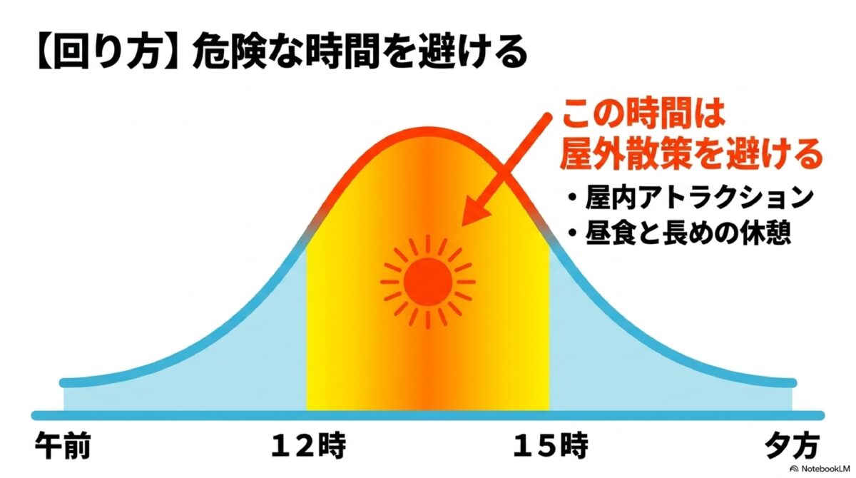 夏のハウステンボスで屋外を避けるべき時間帯を示す図
