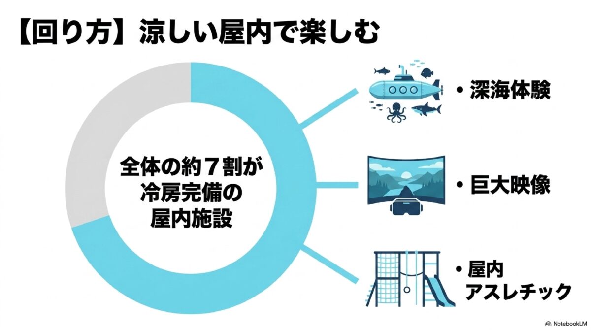 ハウステンボスの約7割が冷房完備であることを示す図