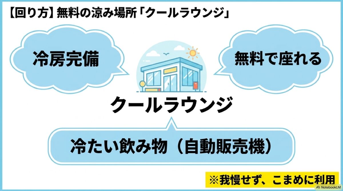 ハウステンボスにある無料の涼み場所「クールラウンジ」のポイントを紹介した図
