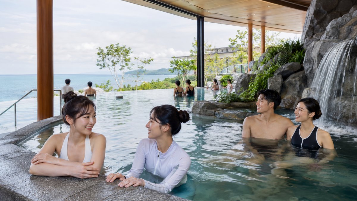 アイランドナガサキのスパを水着で楽しむ宿泊客