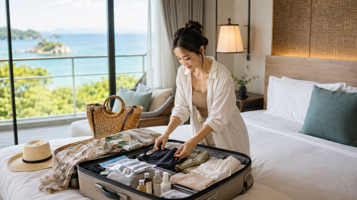 アイランドナガサキ旅行の持ち物を準備する女性