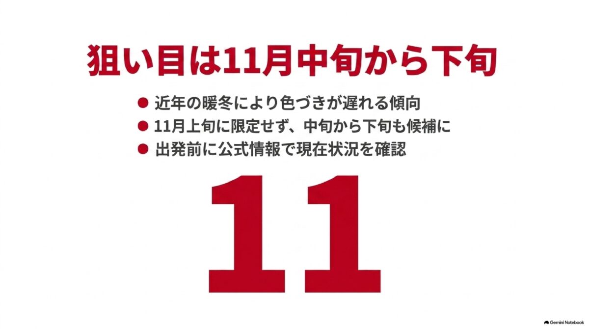 菊池渓谷の紅葉時期と見頃の狙い目を示す図解