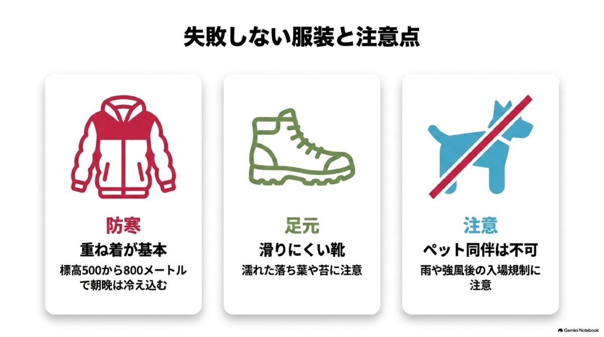 菊池渓谷の紅葉散策に適した服装と注意点の図解
