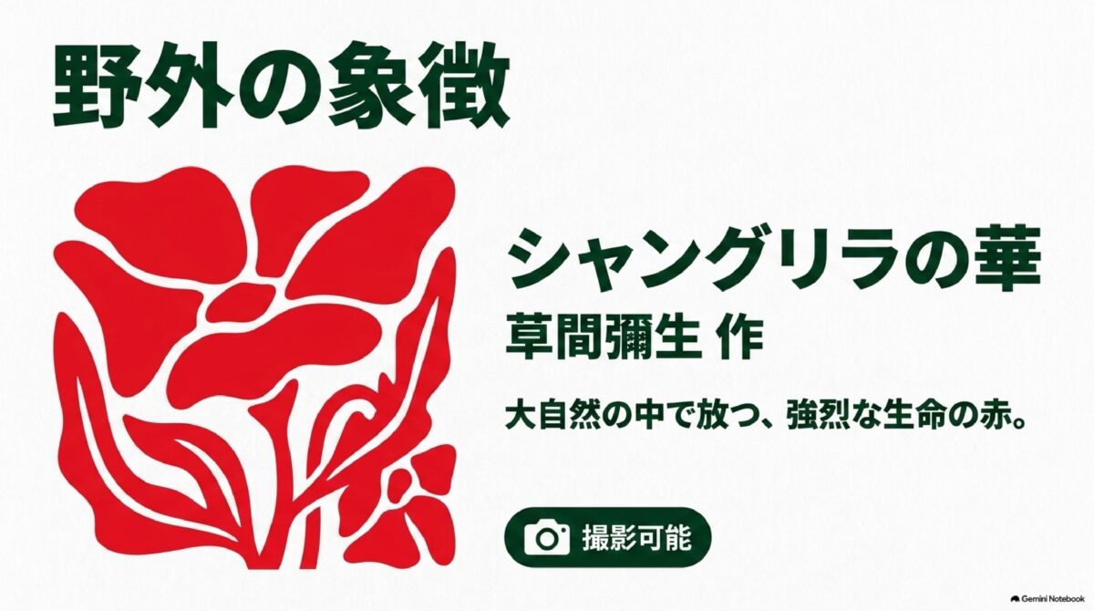 屋内展示されている草間彌生作「赤い靴」の作品案内。撮影可の注意表示があります。