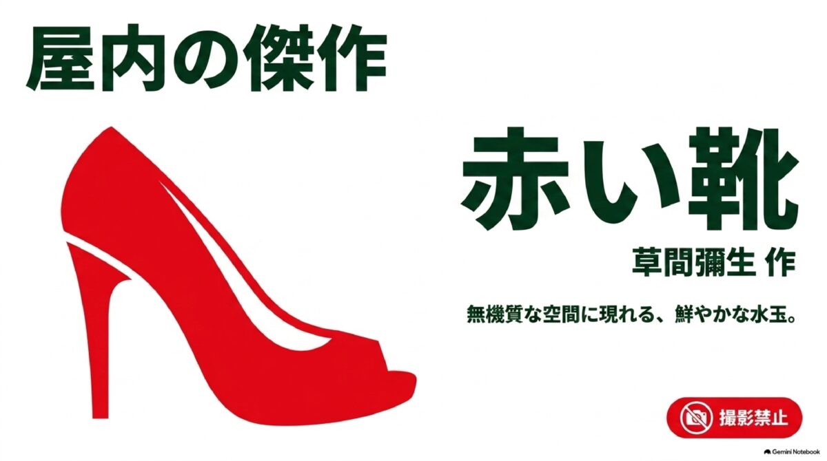 屋内展示されている草間彌生作「赤い靴」の作品案内。撮影不可の注意表示があります。