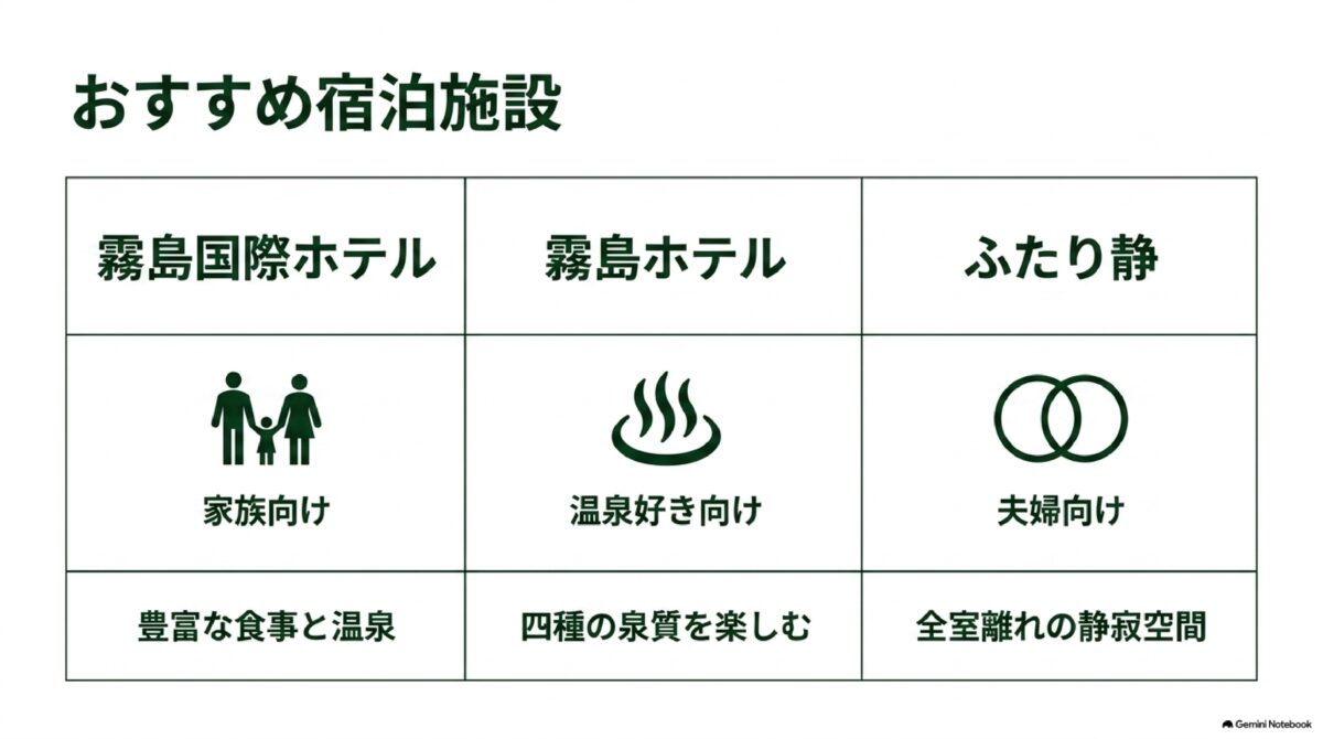 近隣のおすすめホテル一覧。霧島国際ホテル、霧島ホテル、ふたり静を比較しています。