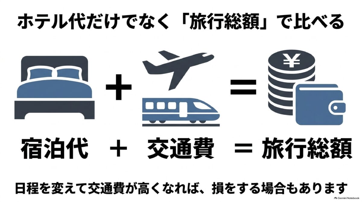 宿泊代と交通費を合わせて旅行総額で比較する考え方