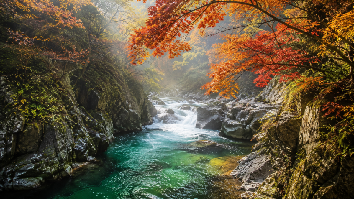 赤や黄色の紅葉に彩られた渓谷を流れる清流