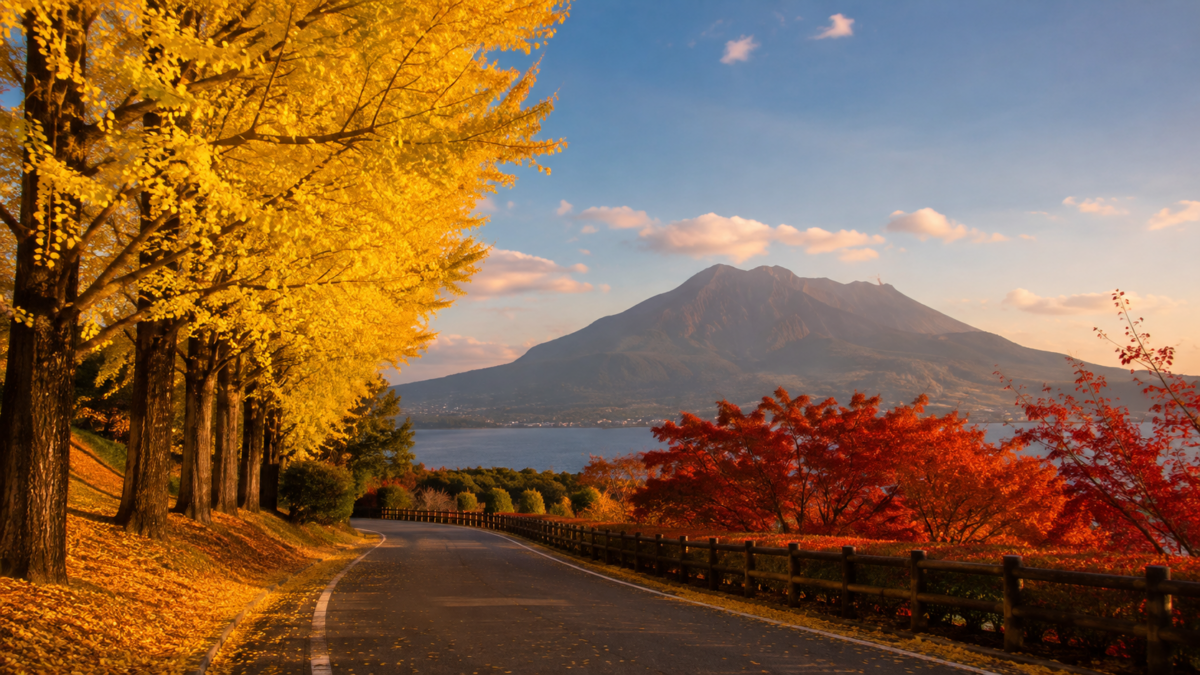 黄金色のイチョウ並木と紅葉越しに望む湖畔の山