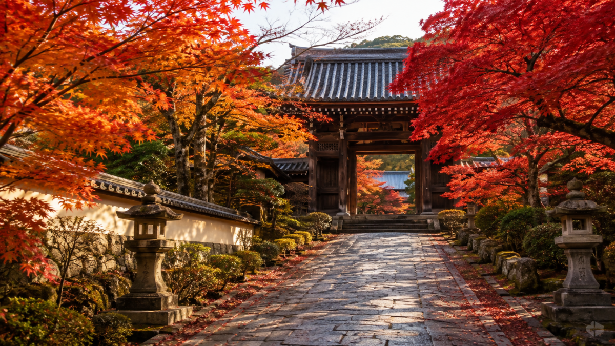 赤や橙の紅葉に彩られた古寺の山門と石畳の参道