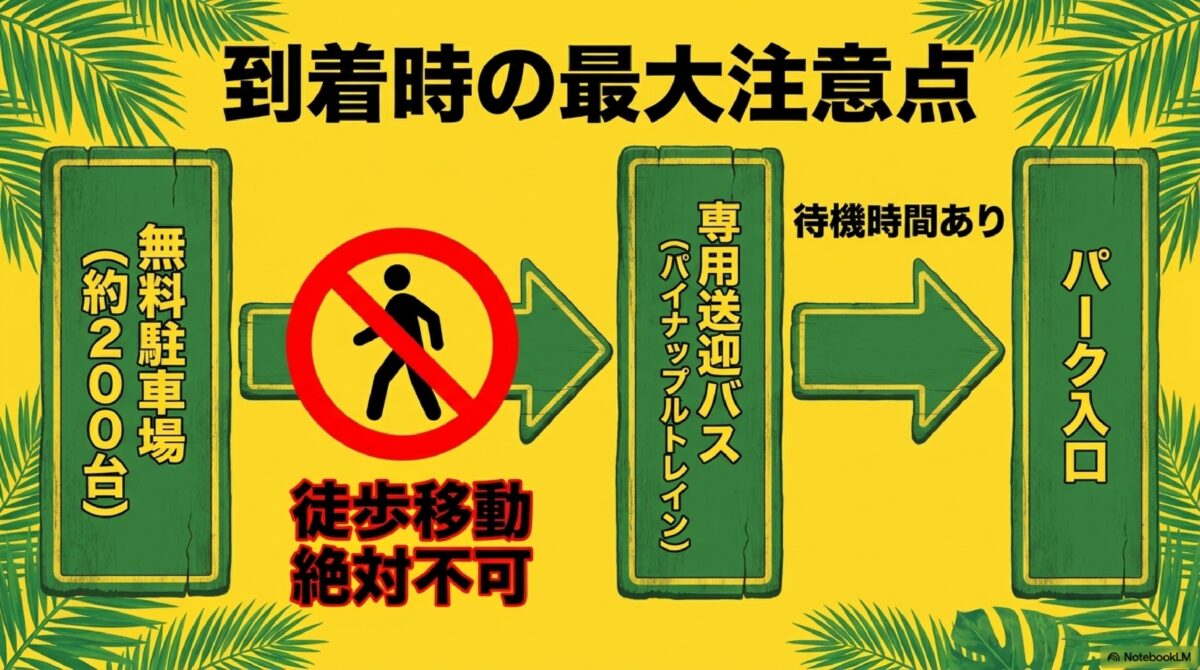 ナゴパイナップルパーク無料駐車場からの徒歩移動禁止とパイナップルトレイン専用バスの注意書き