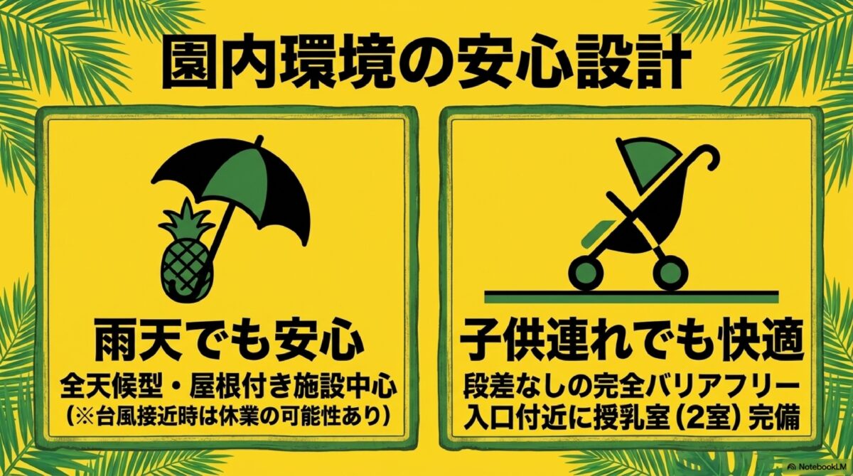 ナゴパイナップルパークの雨天対応屋根・バリアフリー・授乳室完備の案内