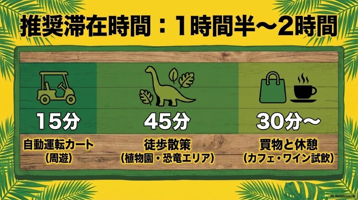 ナゴパイナップルパークの推奨滞在時間1時間半〜2時間とカート・散策・休憩の内訳