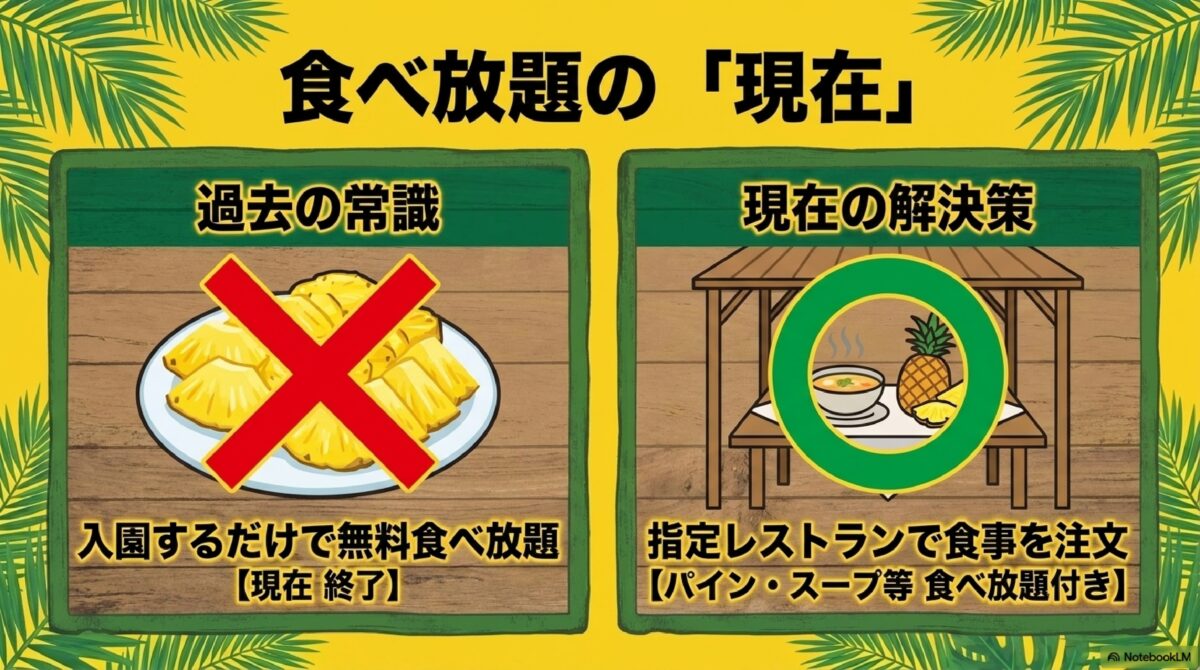 ナゴパイナップルパークのパイナップル食べ放題システムの変更と指定レストラン案内
