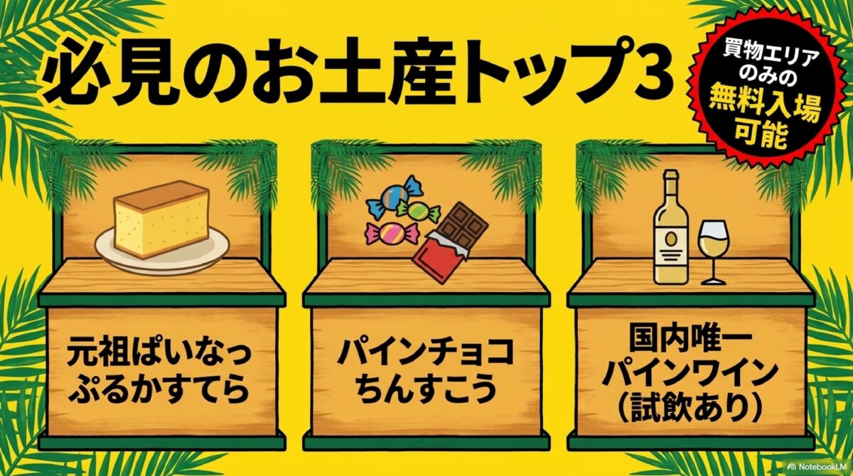 ナゴパイナップルパークのおすすめお土産トップ3(カステラ・ちんすこう・パインワイン)