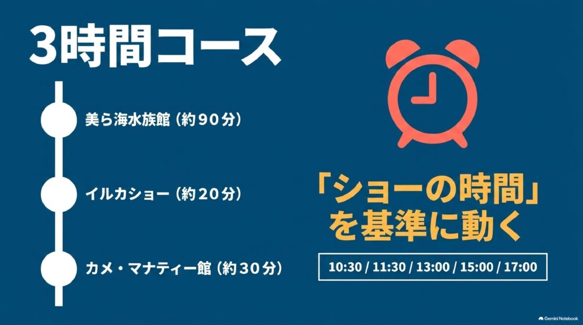 海洋博公園3時間コースとイルカショー時間の図