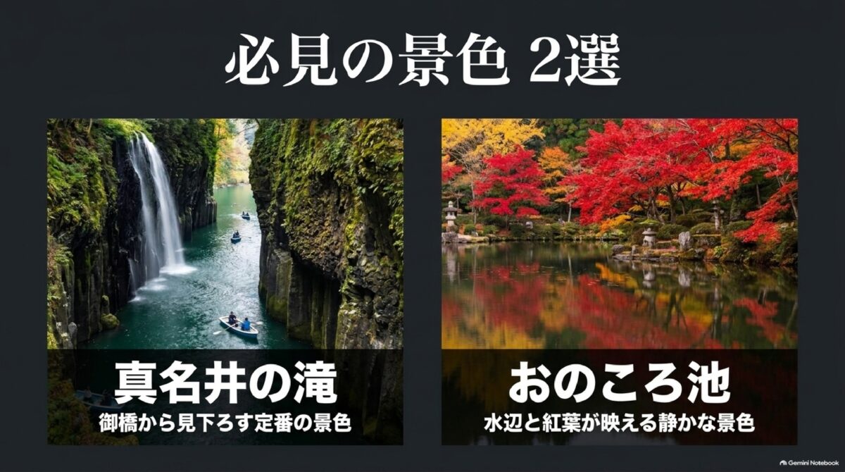高千穂峡の真名井の滝とおのころ池の紅葉スポット
