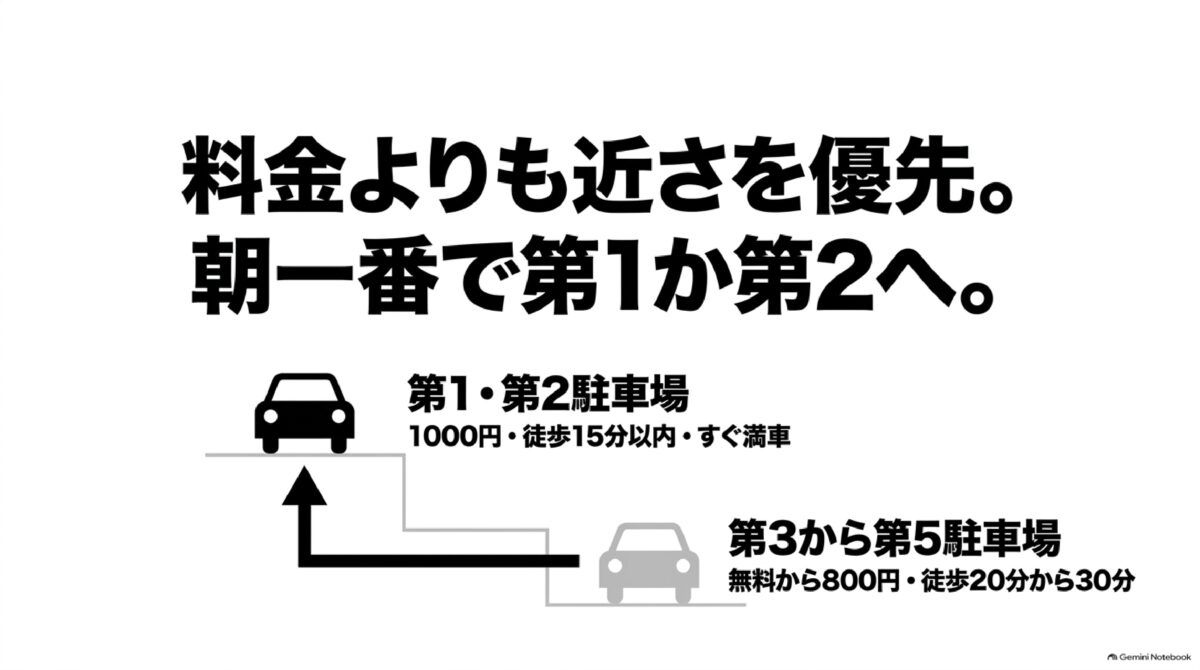 高千穂峡の第1第2駐車場と第3以降の距離比較
